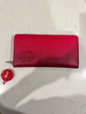 Please Return to Tiffany & Co. Pink-Red Zip Around Leather Wallet